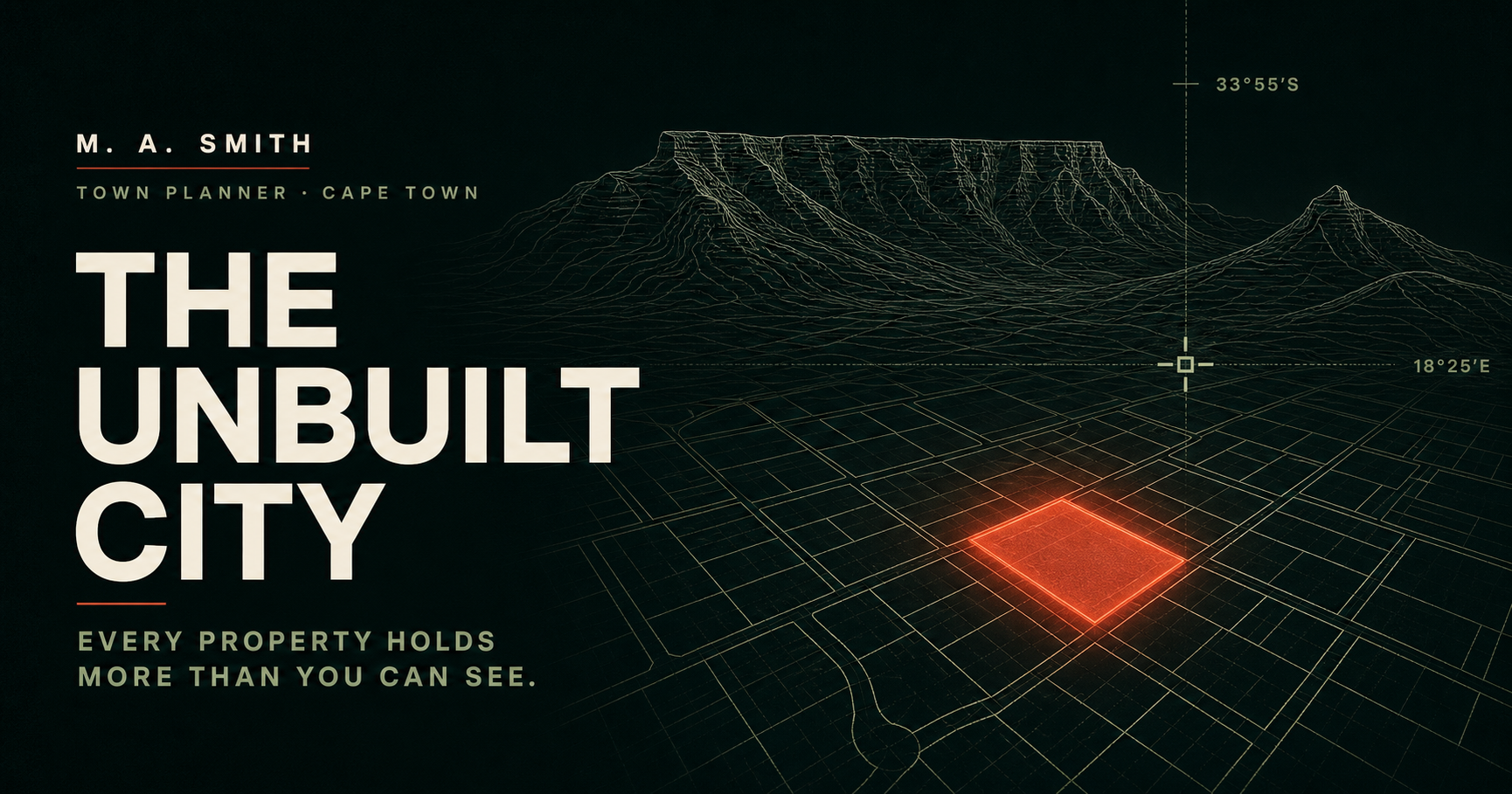 The Unbuilt City: a topographic view of Table Mountain above a Cape Town cadastral map with one property illuminated